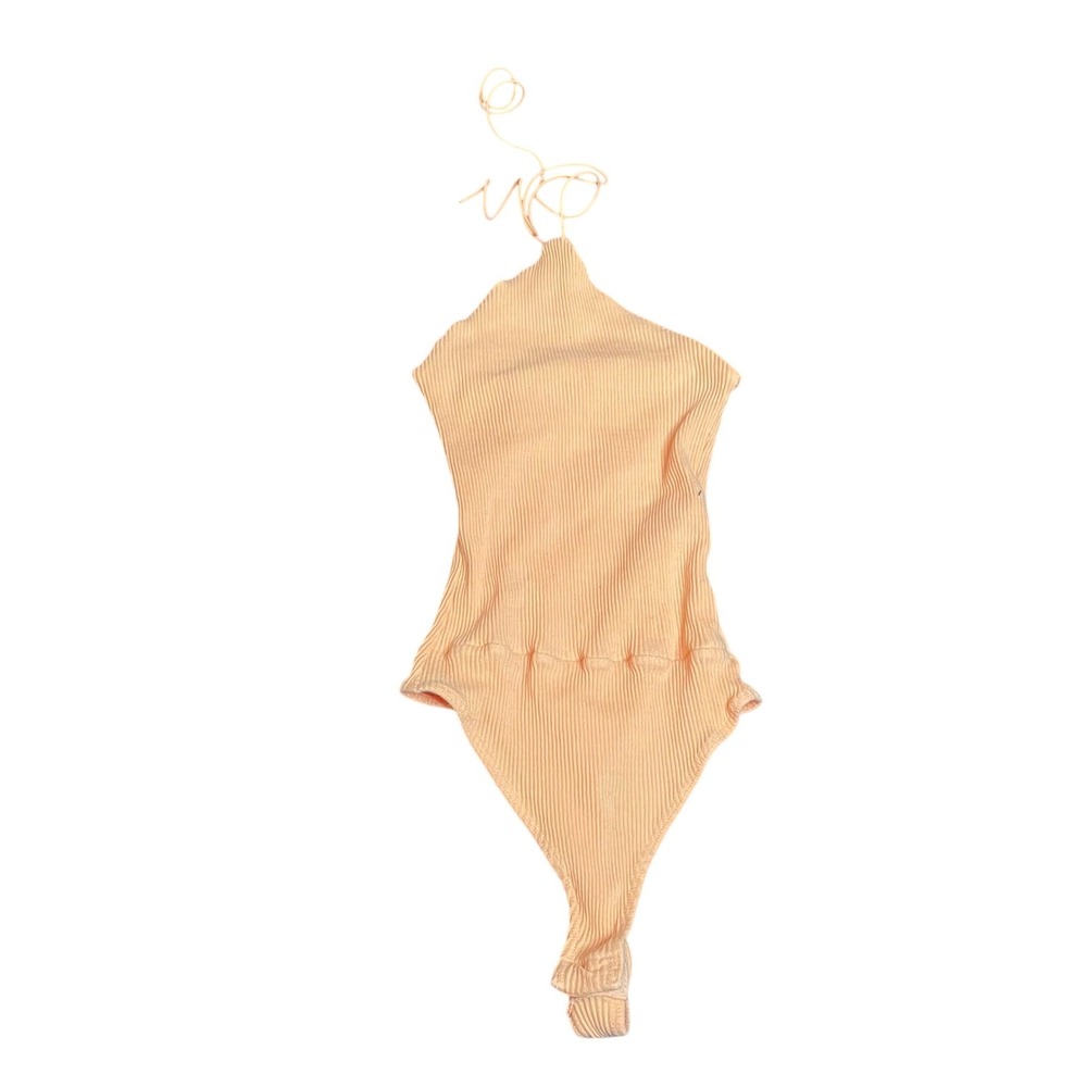 Ribbed Halter Neck Bodysuit Peach‎ Adjustable Tie Snap Closure Small